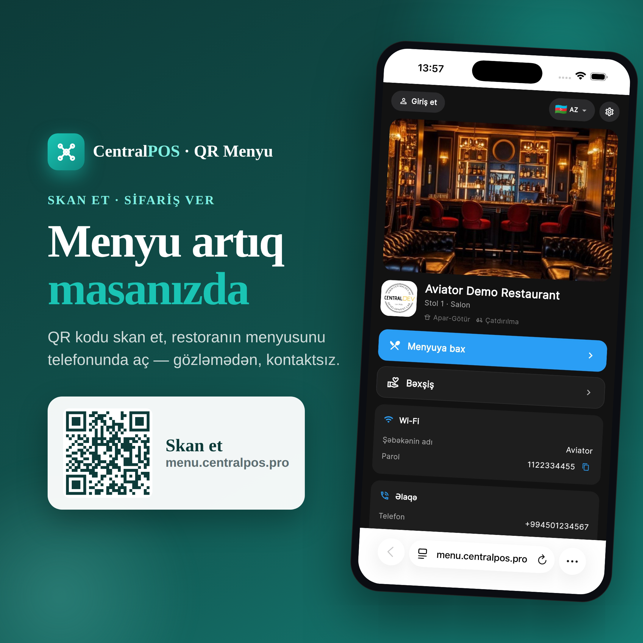 CentralPOS QR Menyu — telefonda restoran menyusu