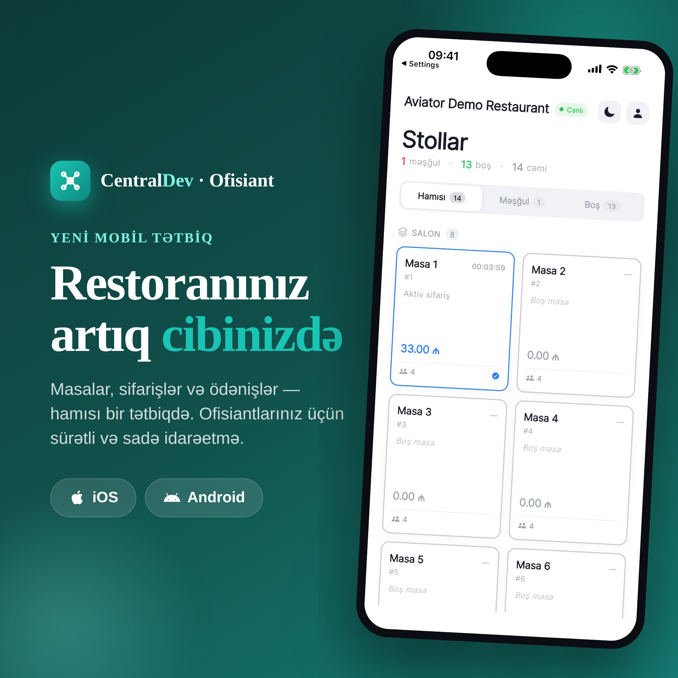 CentralDev Ofisiant tətbiqi — masaların canlı baxışı
