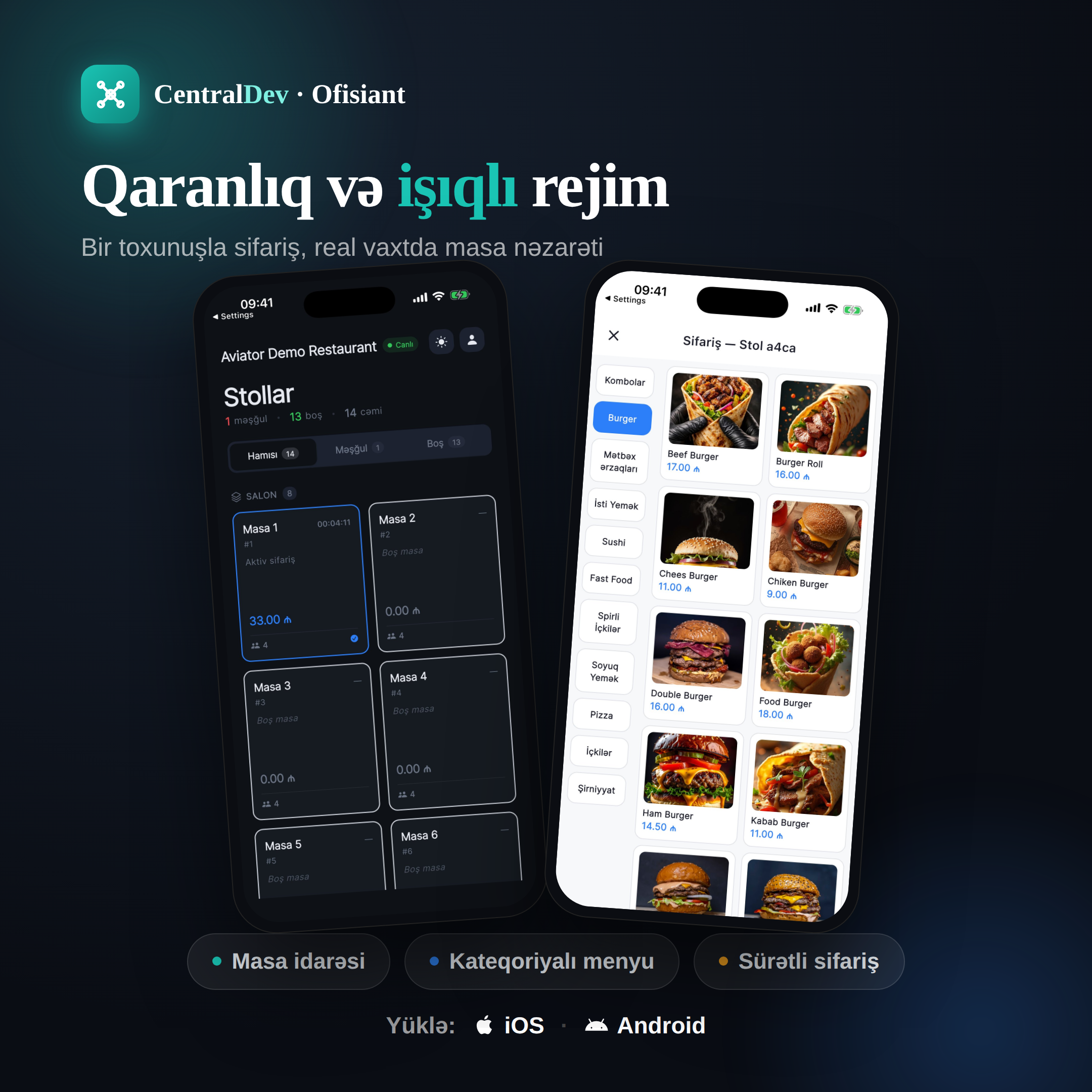 Waiter — qaranlıq və işıqlı rejim