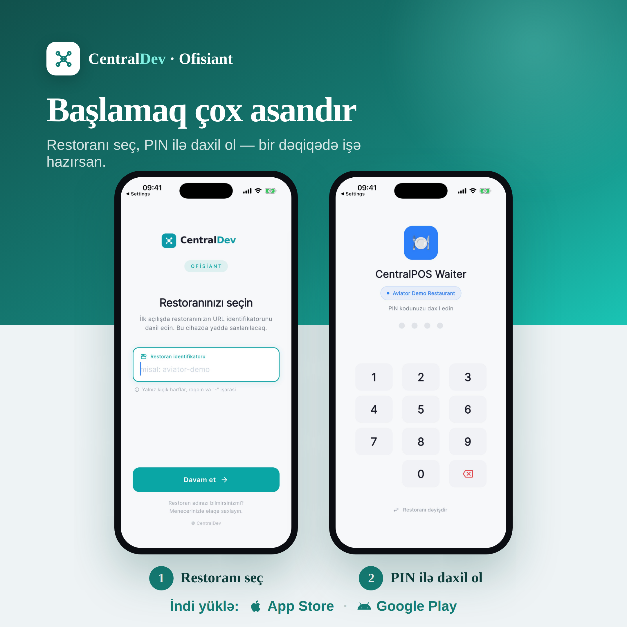 Waiter — restoran seç və PIN ilə daxil ol