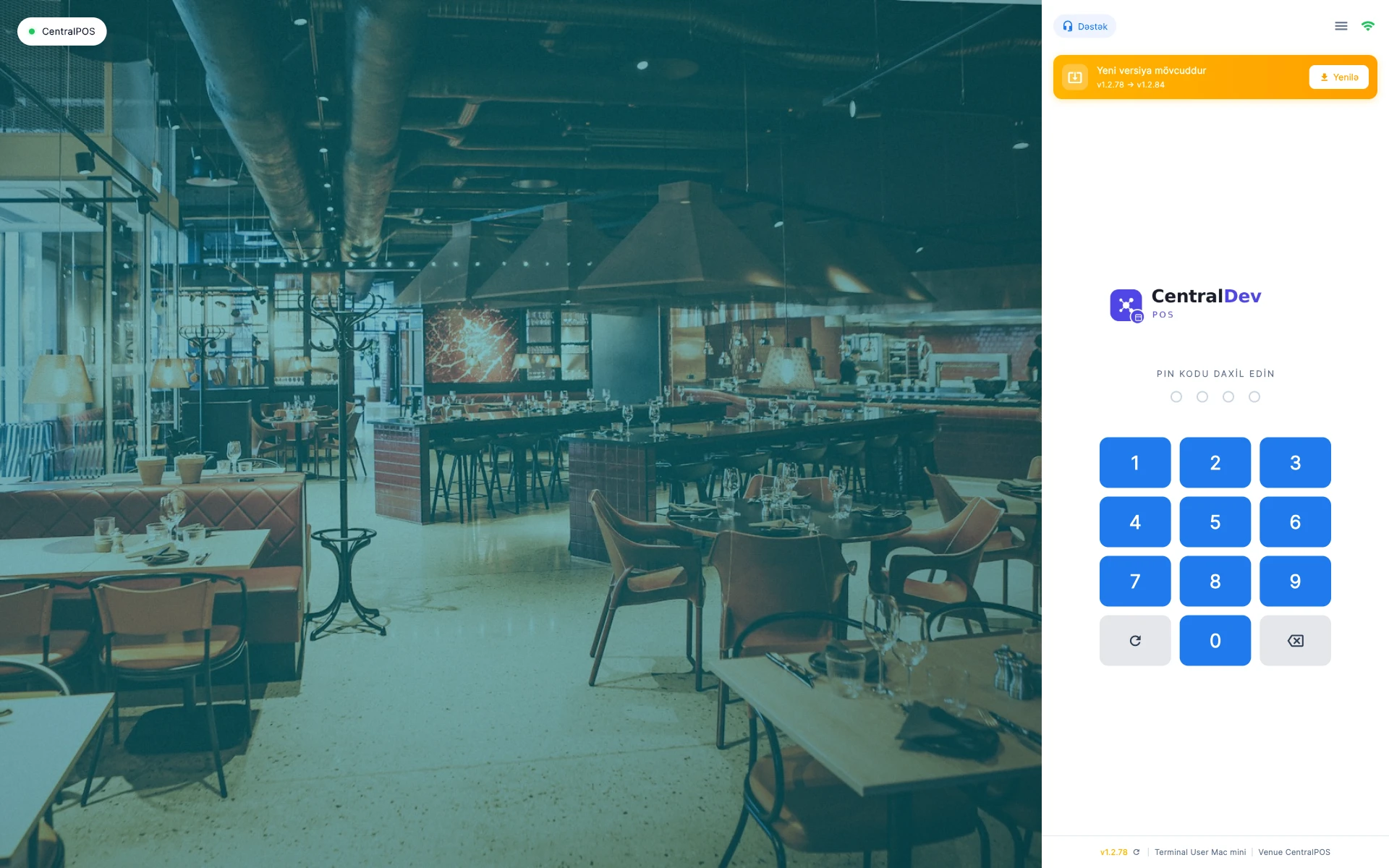 CentralPOS — real restoranda PIN ilə giriş